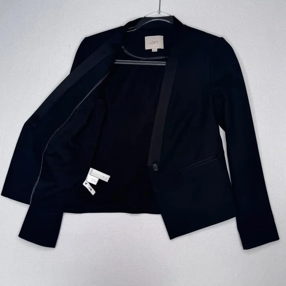 LOFT Black Tuxedo Blazer Jacket Petite 2P Satin Trim Career Formal
